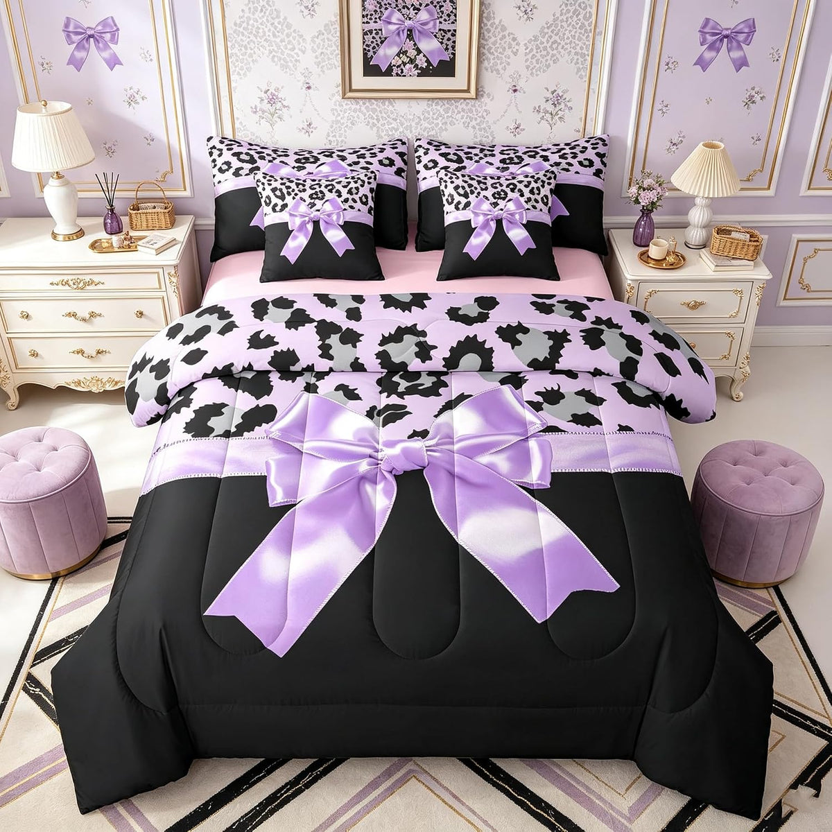 Feelyou Juego de ropa de cama de 7 piezas con lazo de seda morada t...