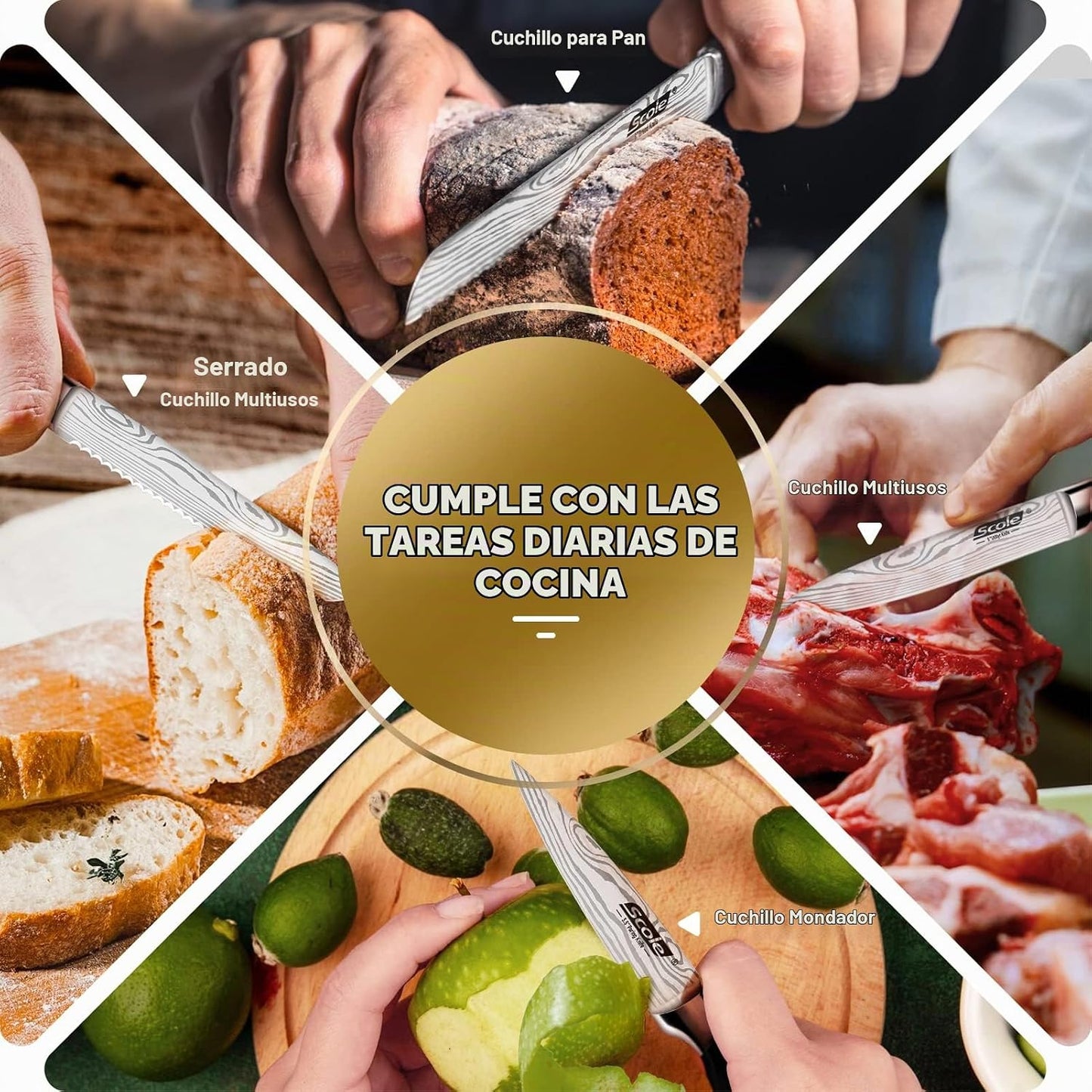 SCOLE® Juego de cuchillos de cocina ultra afilados de acero inoxida...