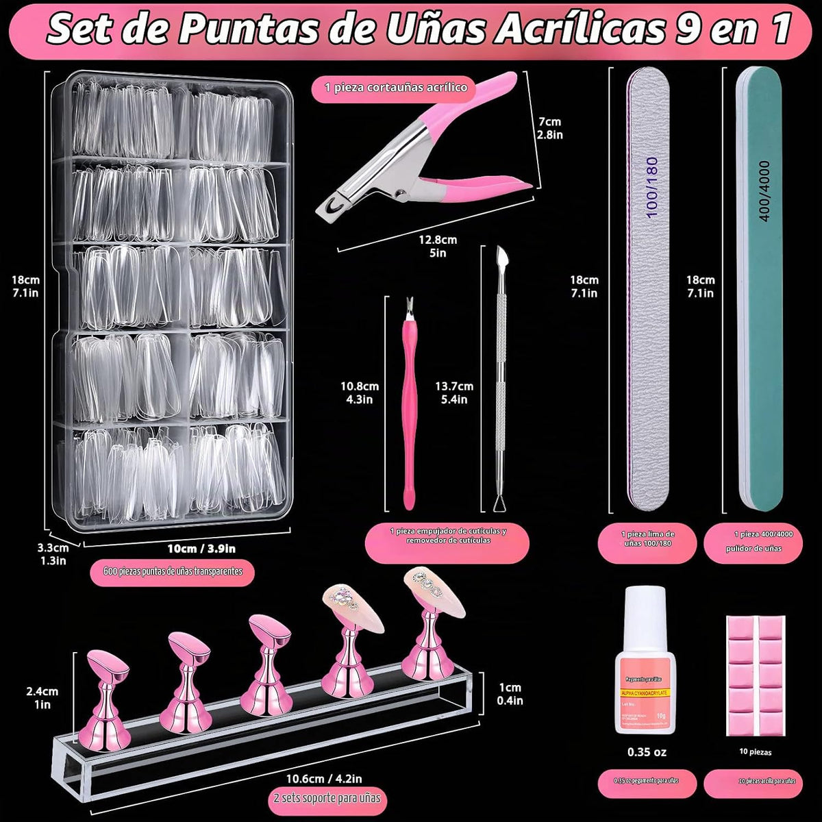 600 piezas de puntas de uñas postizas transparentes estilo ataúd Qi...