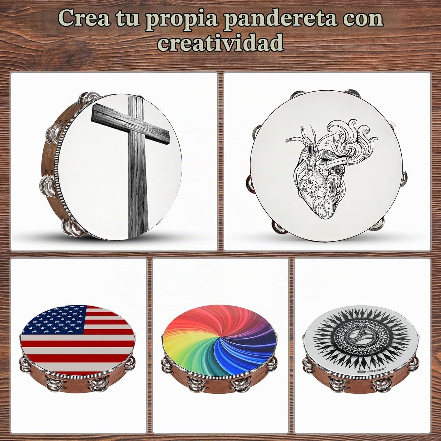 Pandereta de percusión de mano de madera de 10 pulgadas con bolsa d...