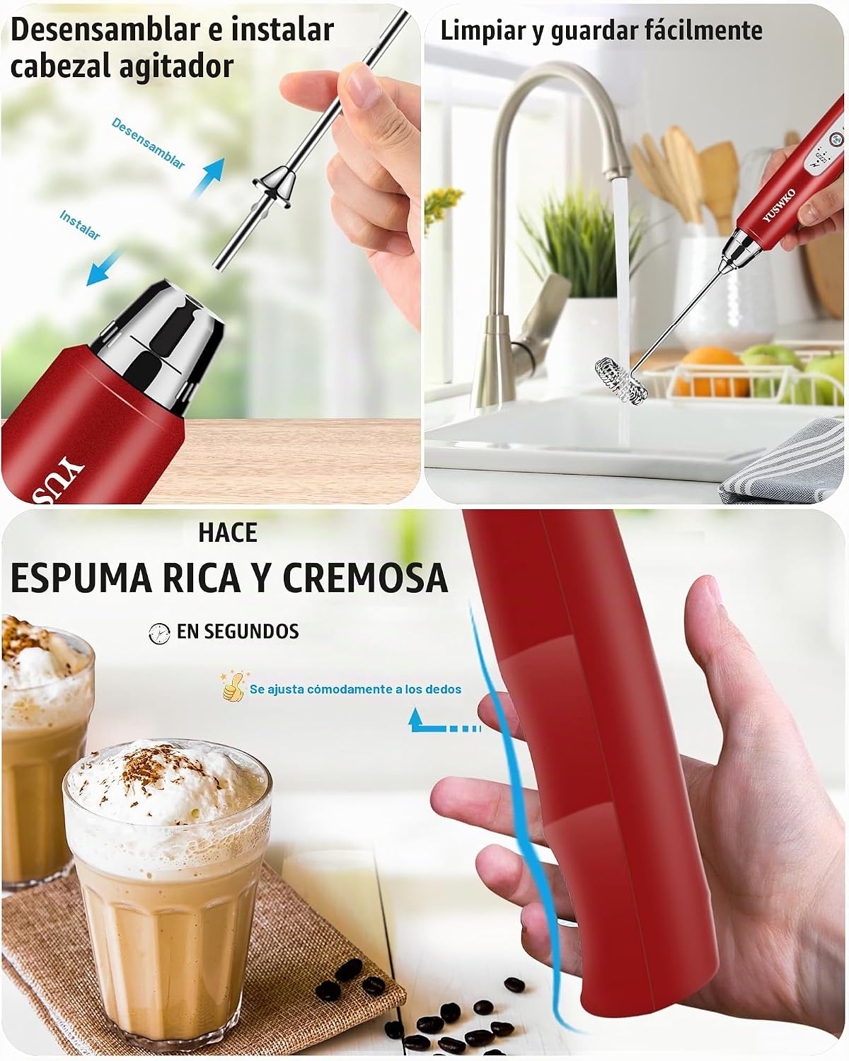 YUSWKO Espumador de Leche Recargable Rojo para café, Mezclador de B...