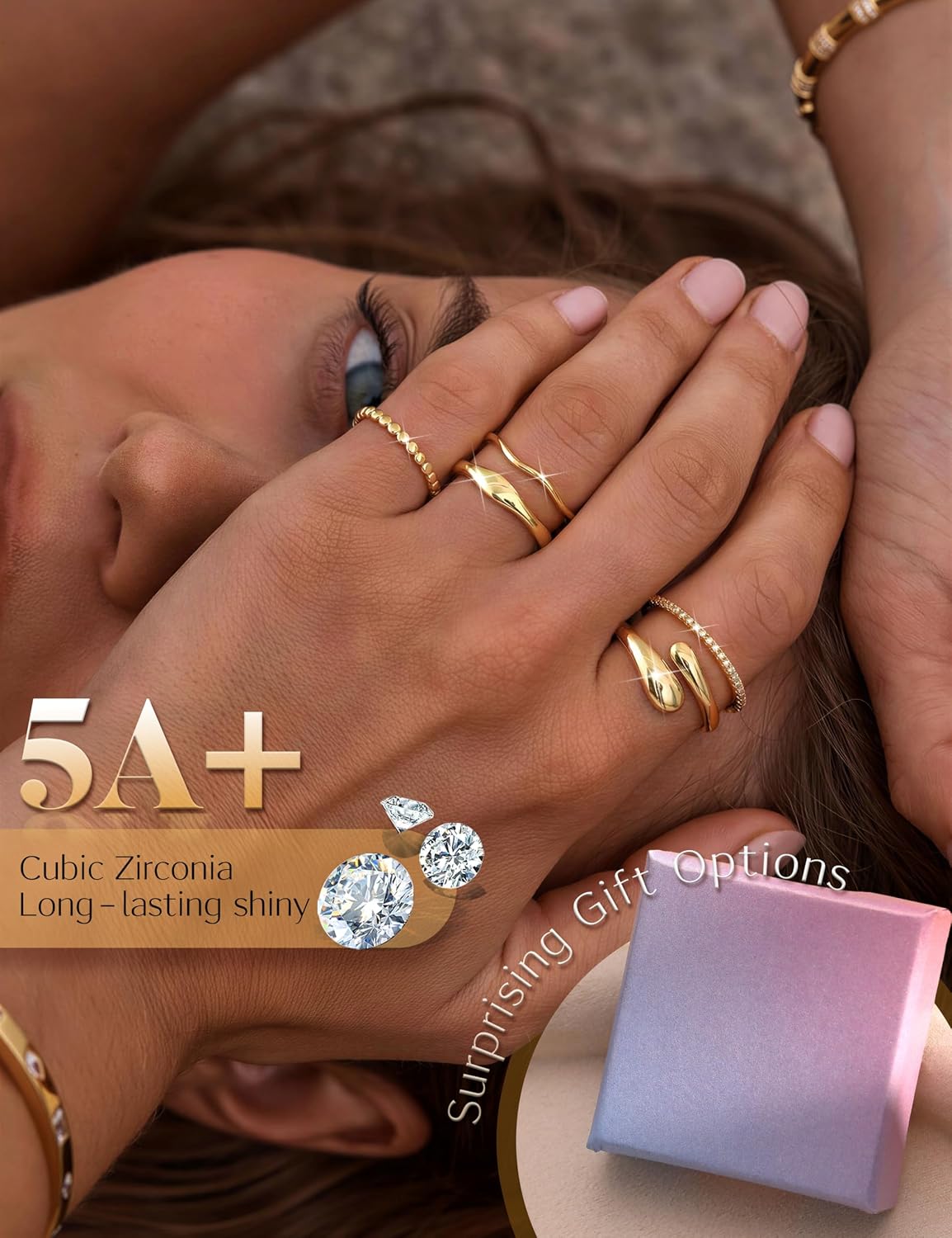 THUNARAZ Anillos chapados en oro de 14 quilates para mujer, no se d...