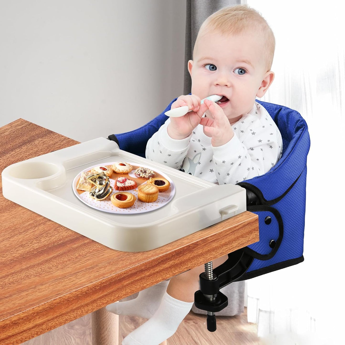Toogel Silla alta de gancho con bandeja, asiento plegable con clip...