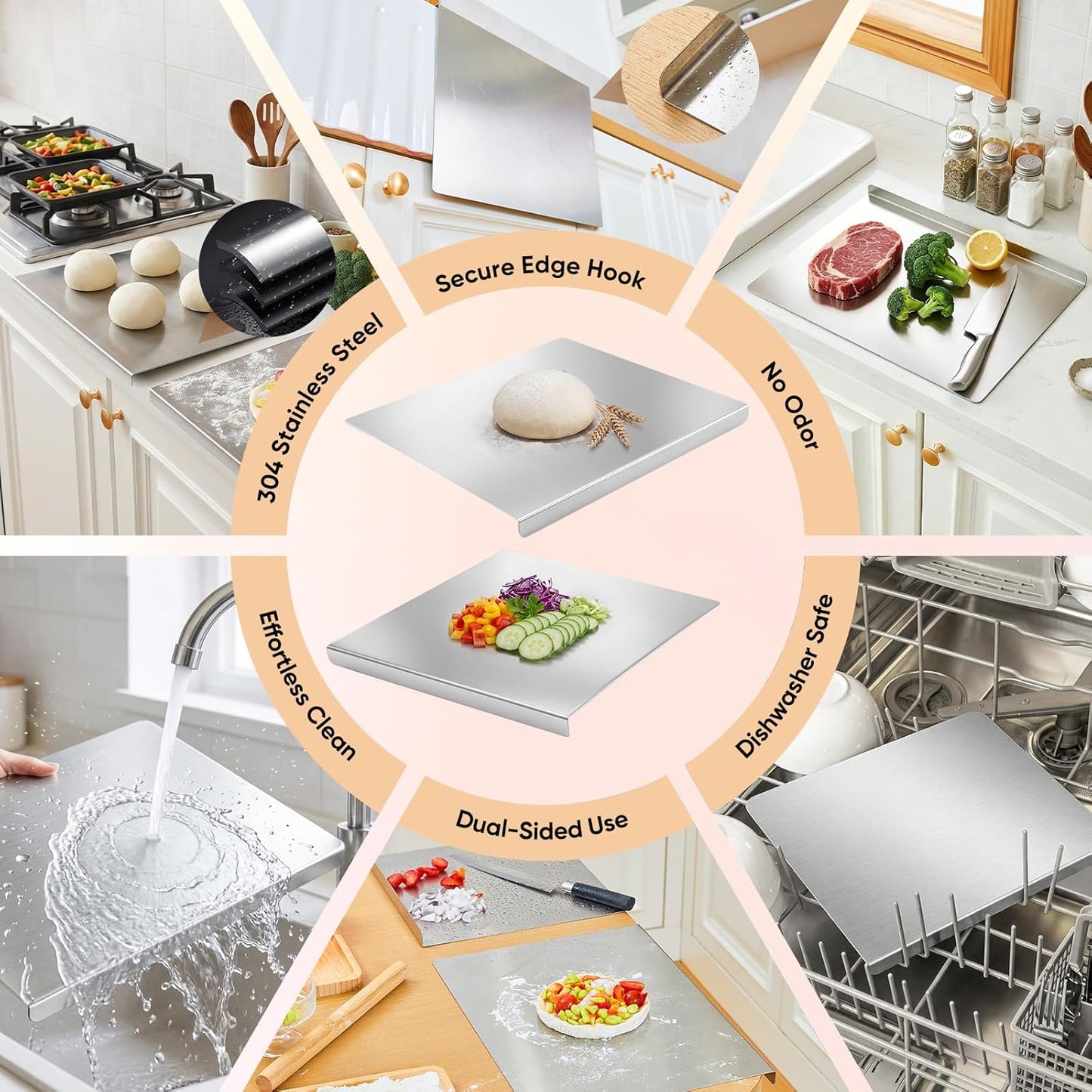 Sakerplus Tabla de cortar de cocina de acero inoxidable con labio,...