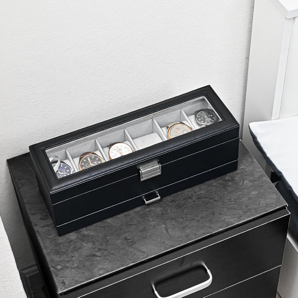 ProCase Caja de reloj, vitrina de reloj de 6 ranuras con cajón, col...