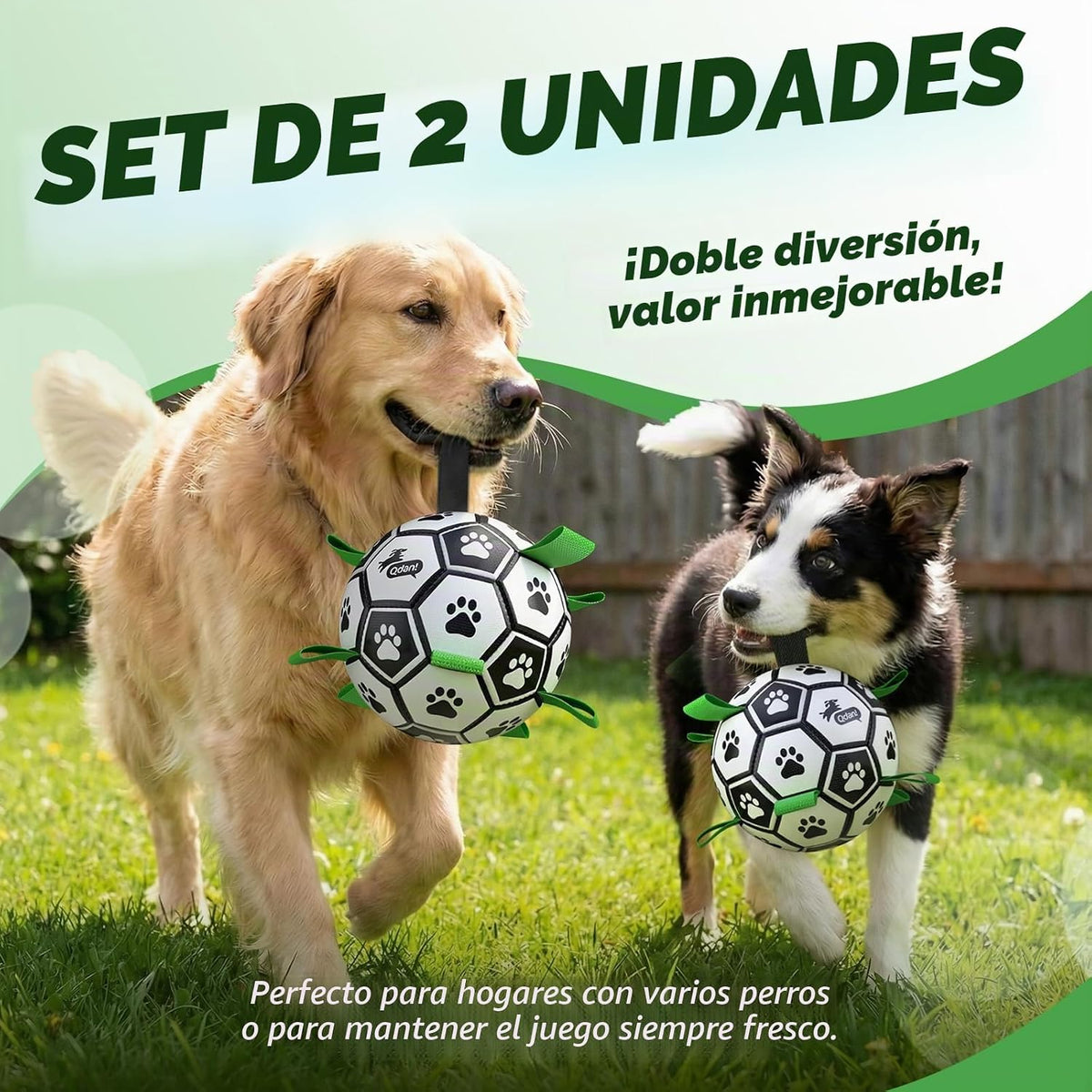 QDAN Juego de 2 pelotas de fútbol para perros con correas, juguetes...