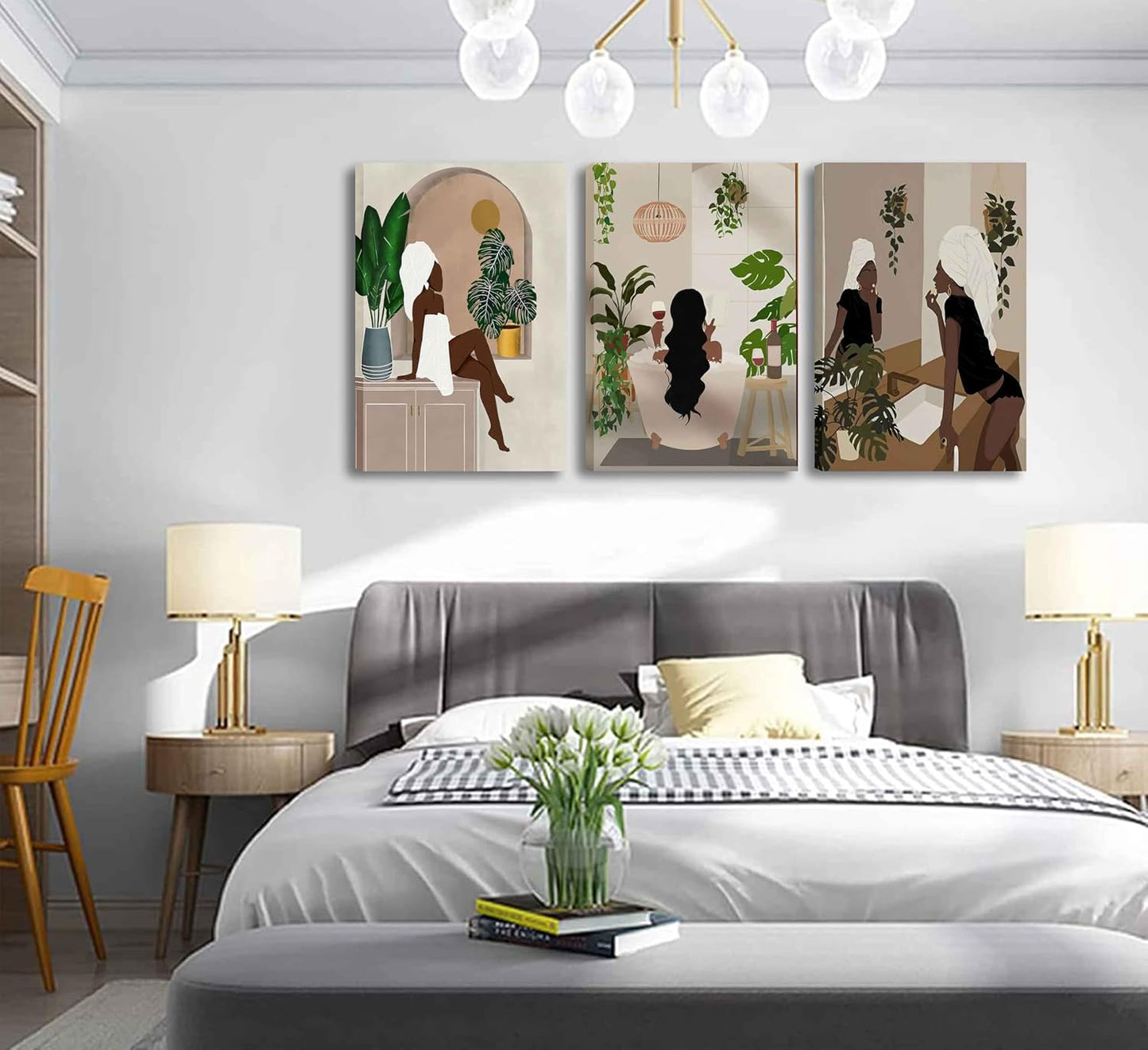 WSTUKVV 3 piezas de arte de pared de baño de niña negra, estilo boh...
