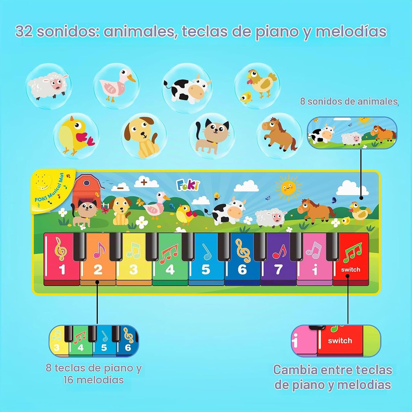 FOKI - Alfombrilla para piano de piso, juguetes para bebés y niños...