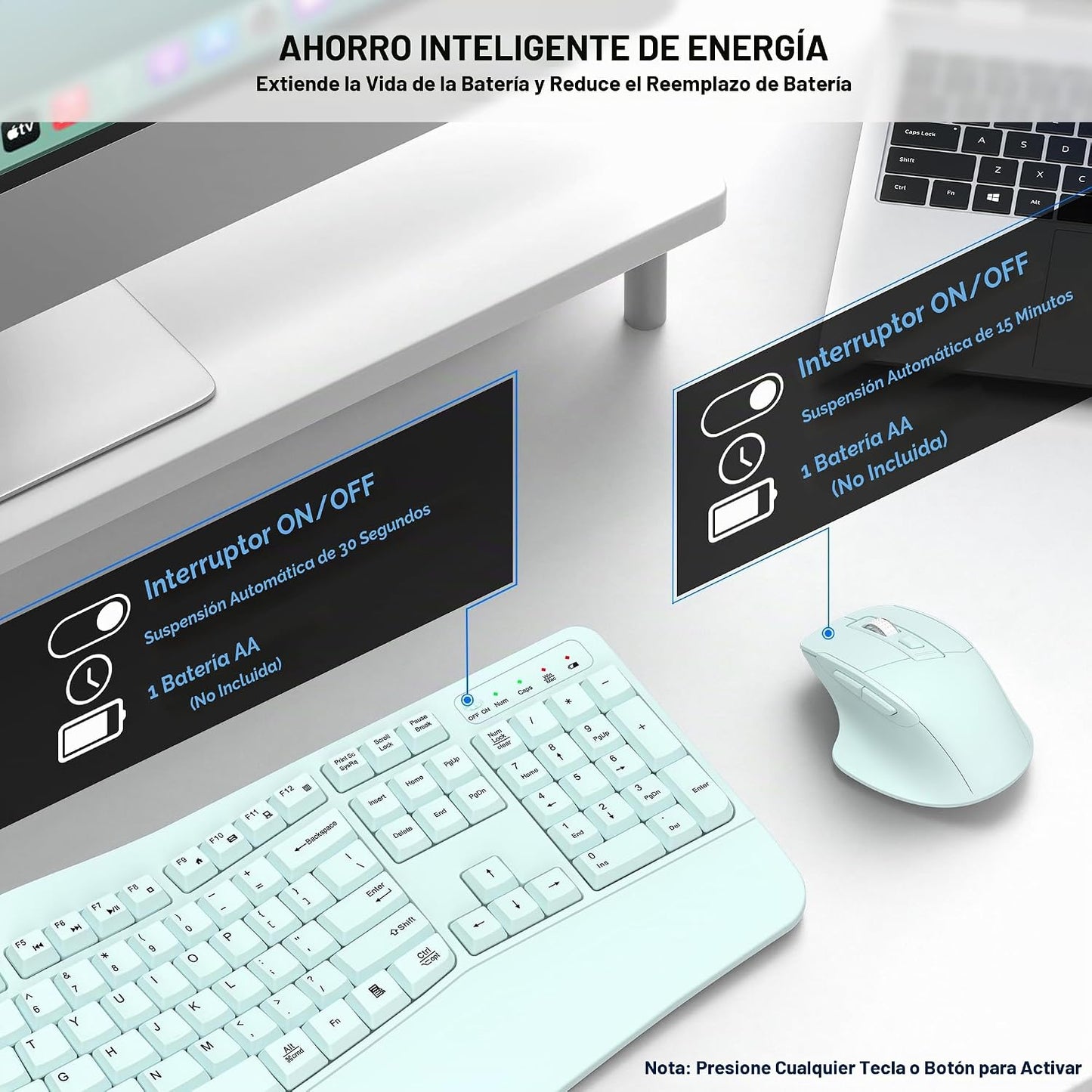 Combo de teclado y mouse inalámbricos, teclas onduladas de tamaño c...