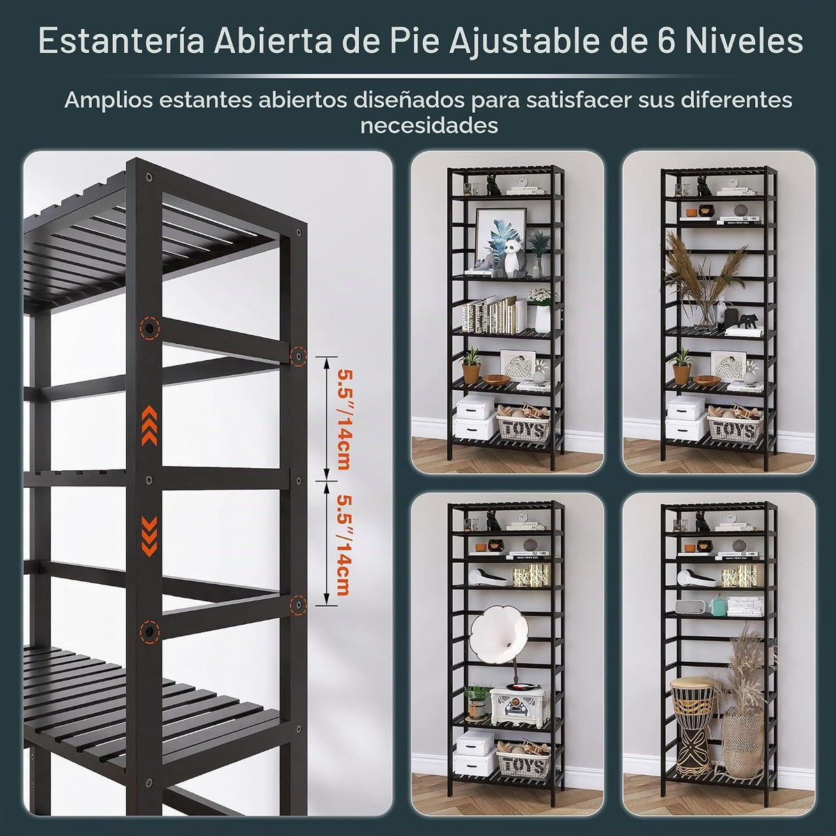 HITNET Estantería de bambú, estantería abierta de 6 niveles con est...