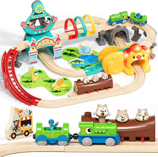 Lehoo Castle Juego de tren de madera - Juego de pista de tren con t...
