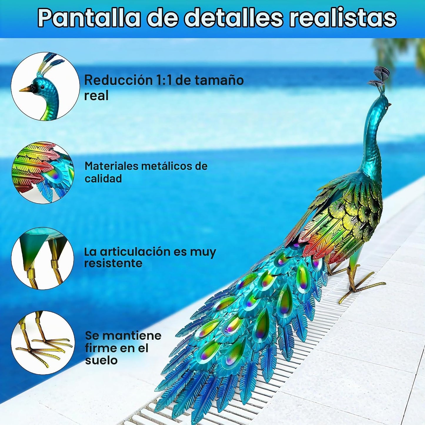 Elegante estatua de pavo real de metal, vibrante arte de pavo real...