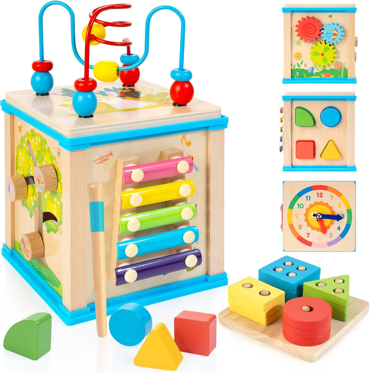WOODMAM Cubo de Actividades de Madera 7 en 1, Juguetes Montessori p...