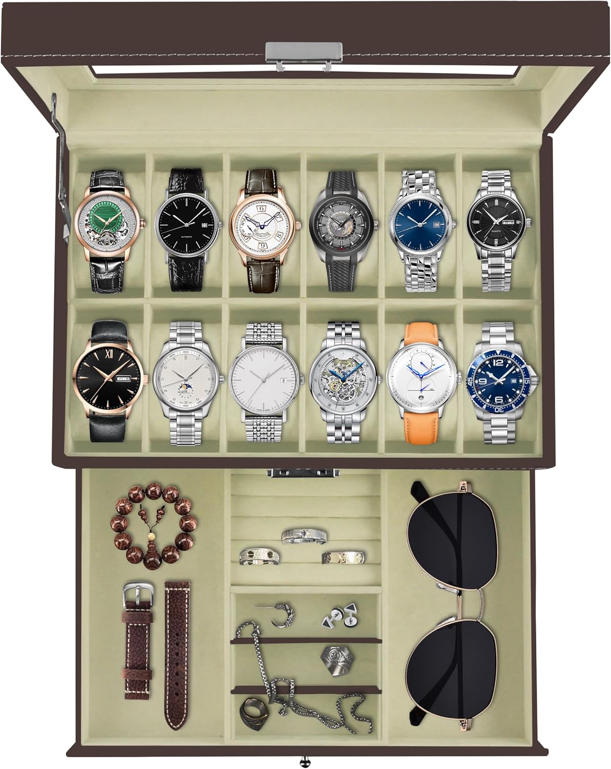 Ogrmar Cajas de almacenamiento de relojes de 12 ranuras de cuero PU...