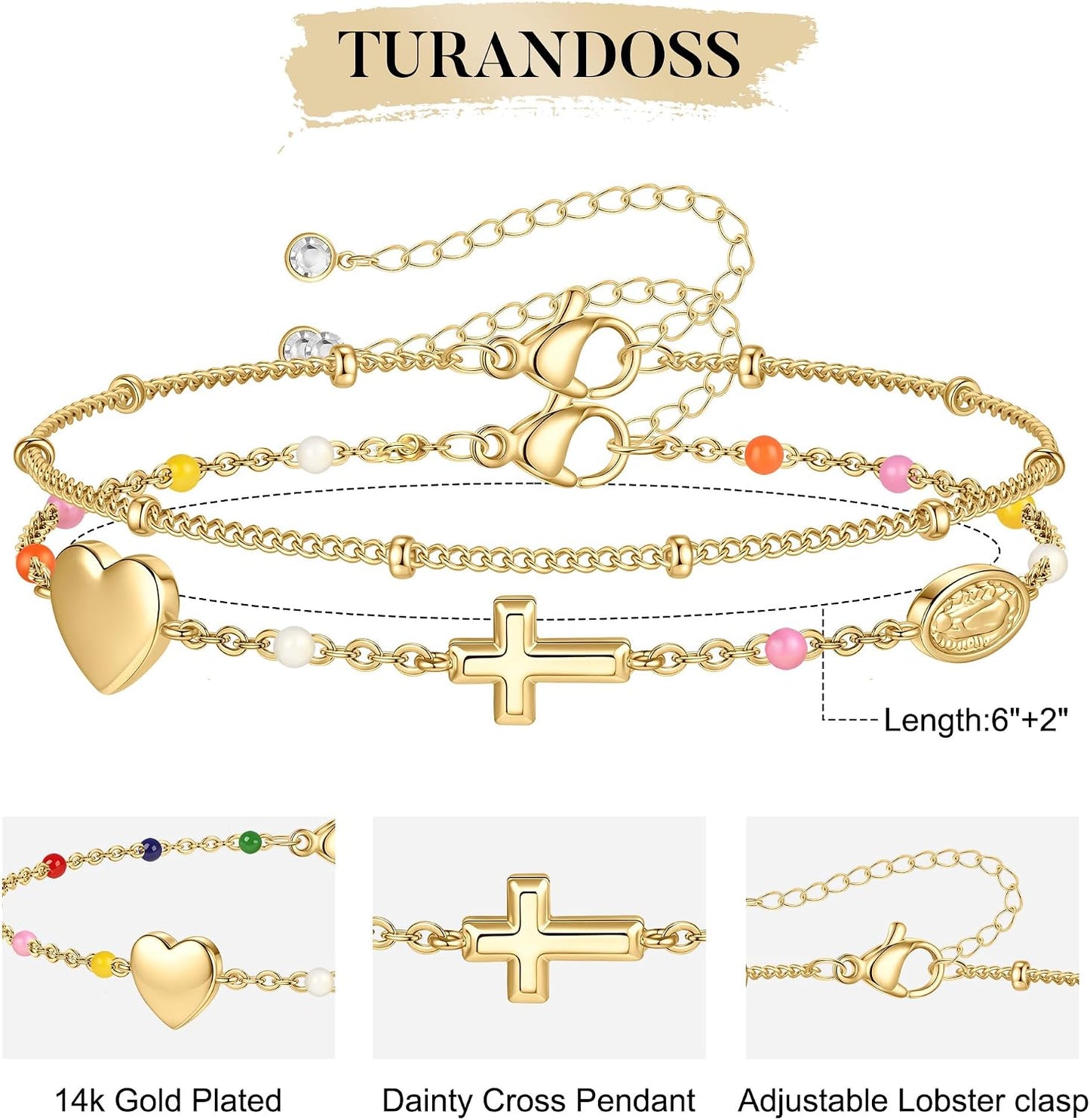 Turandoss Pulsera de cruz para mujer, chapada en oro de 14 quilates...