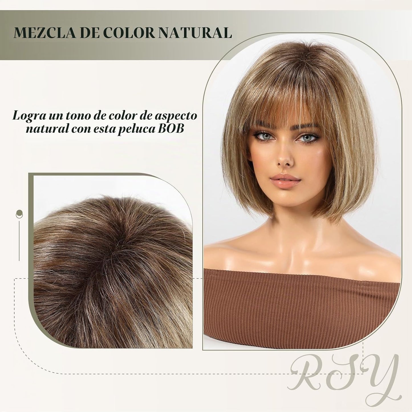 RSY - Peluca Bob de 12 pulgadas de cabello humano mezclado con fibr...