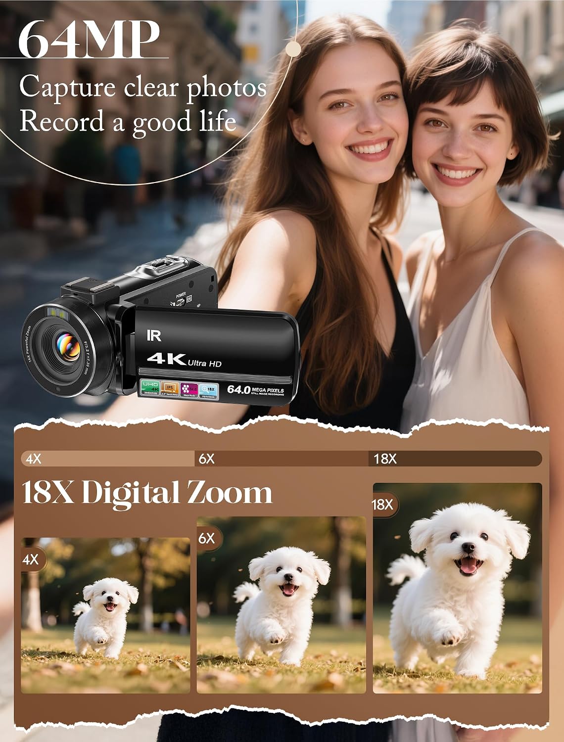 ZYDIIE Videocámara 4K UHD 64MP Vlogging Cámara para YouTube 18x Zoo...