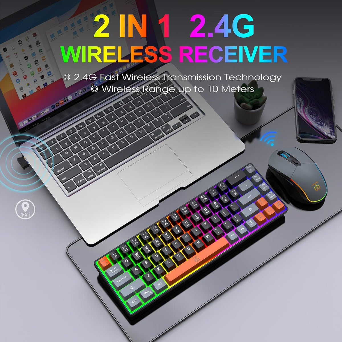 Snpurdiri Combo de teclado y mouse inalámbricos 60% para juegos, ba...