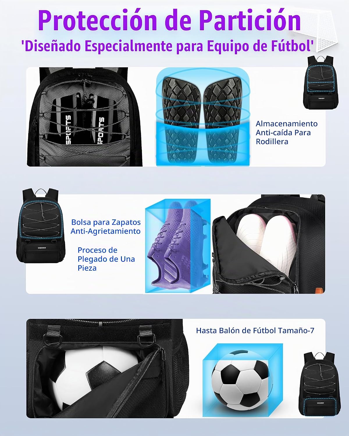 LOINTET Bolsa de fútbol juvenil, mochila de fútbol con compartiment...