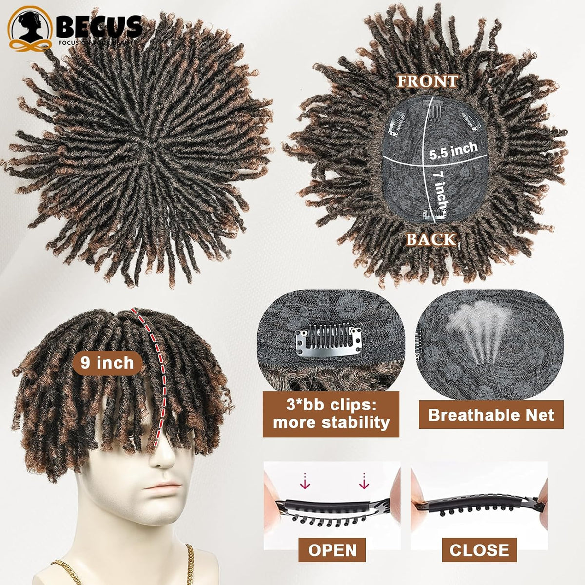 BECUS - Cubrepelo de rastas para hombre, postizo marrón para disfra...