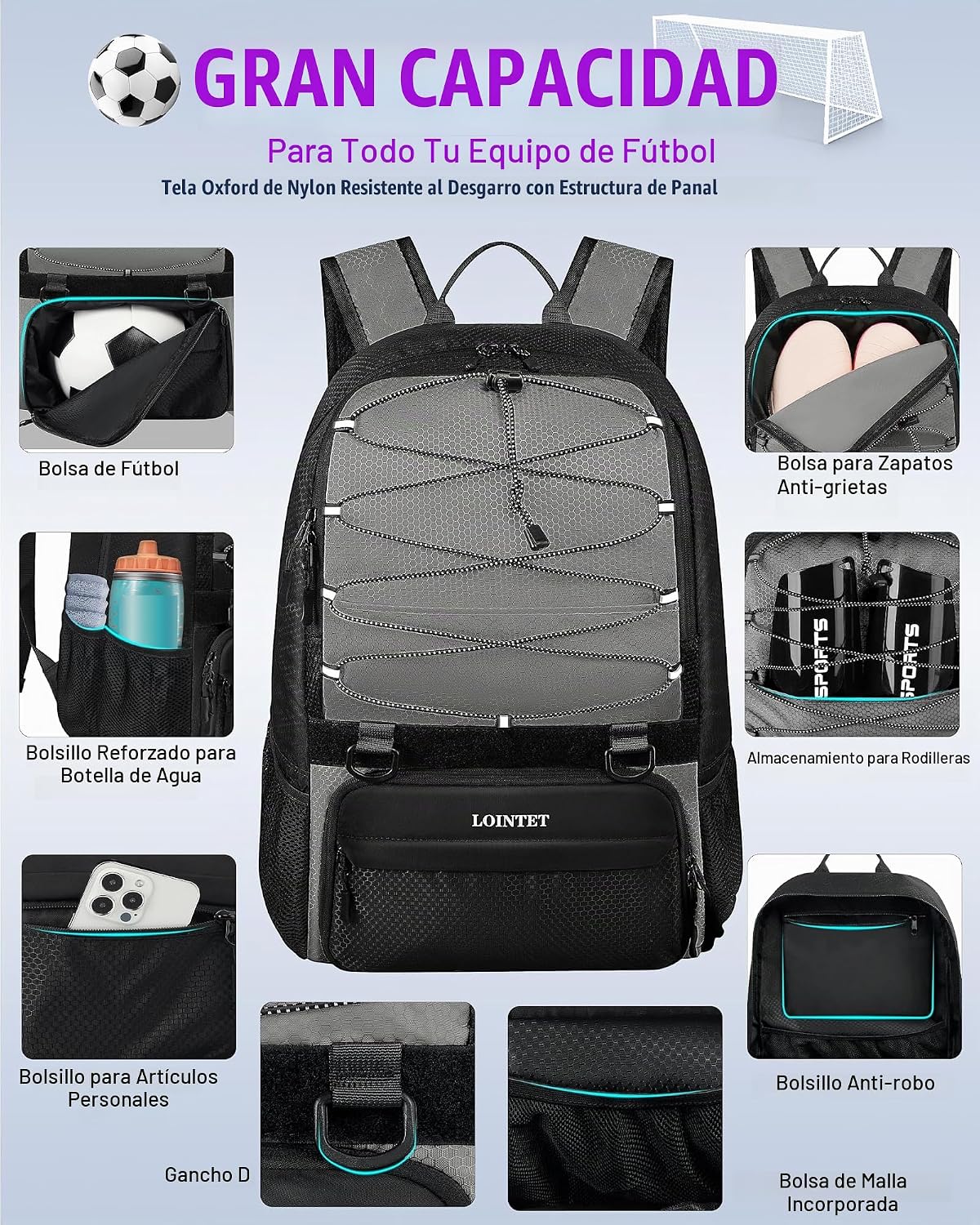 LOINTET Bolsa de fútbol juvenil, mochila de fútbol con compartiment...
