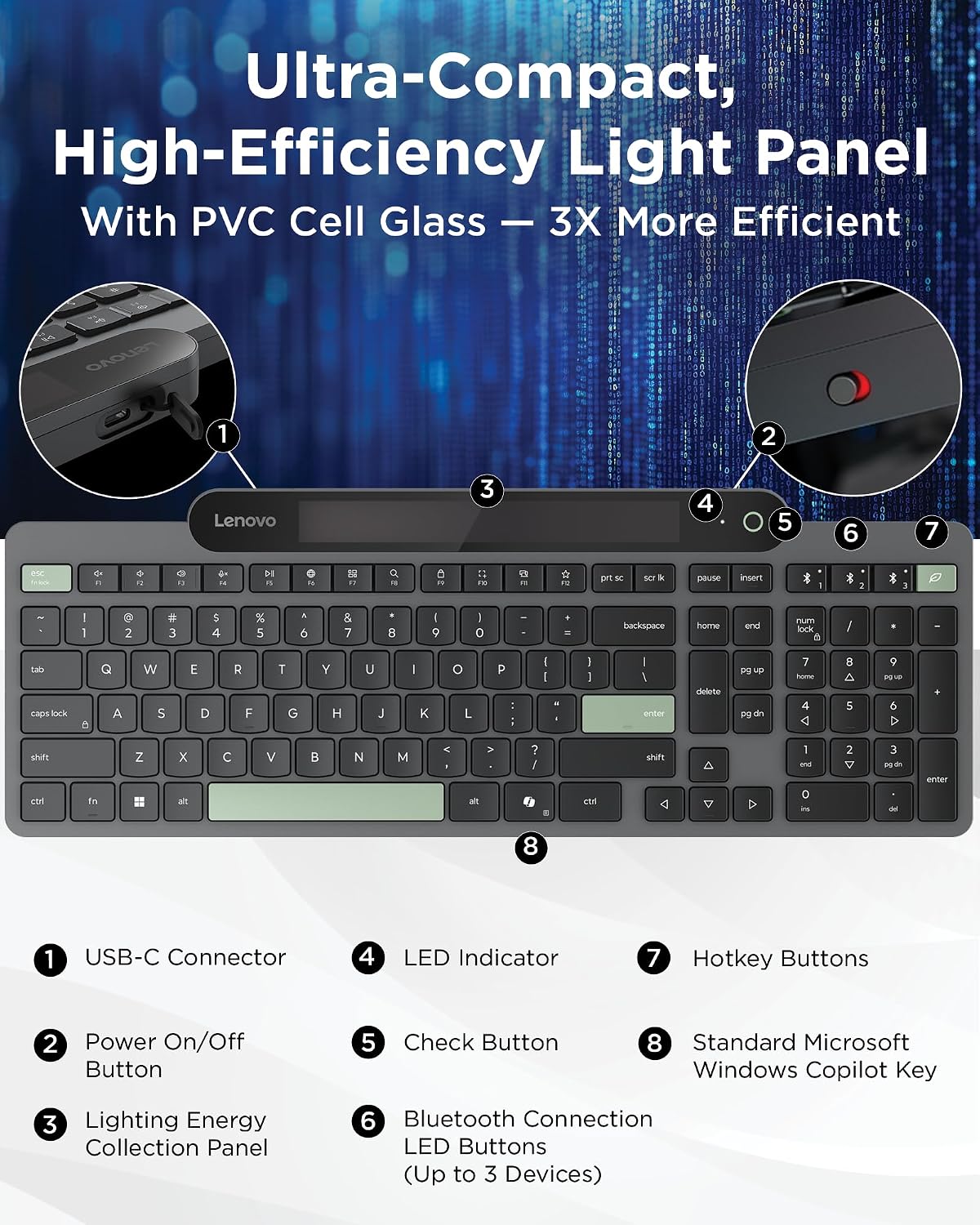 Lenovo 800 Teclado Bluetooth Autocargable, Utiliza Luz Ambiental pa...