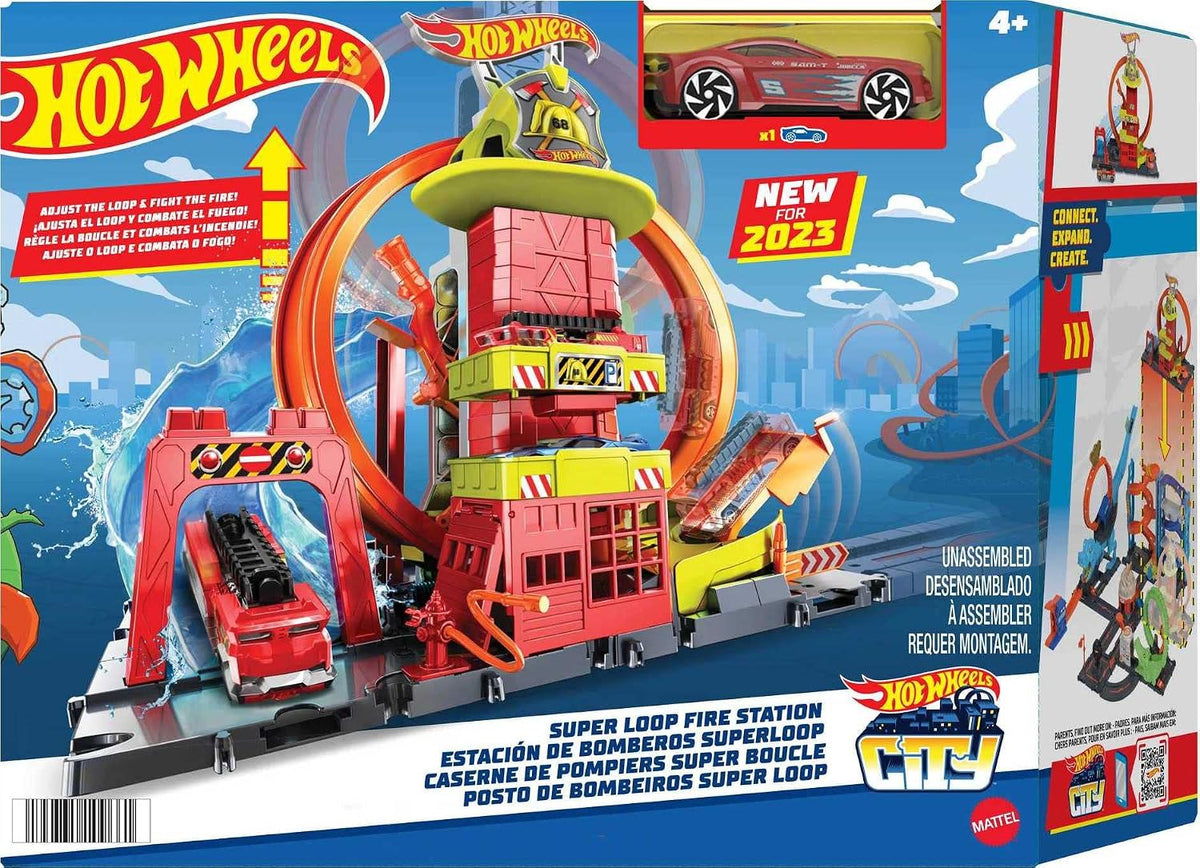 Hot Wheels City Super Loop - Juego de estación de bomberos y 1 auto...