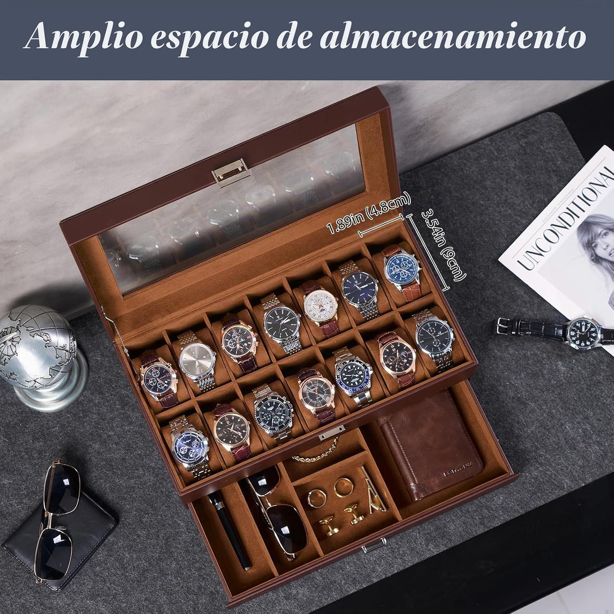 ProCase Caja de reloj, Caja de reloj para hombres con 14 ranuras y...