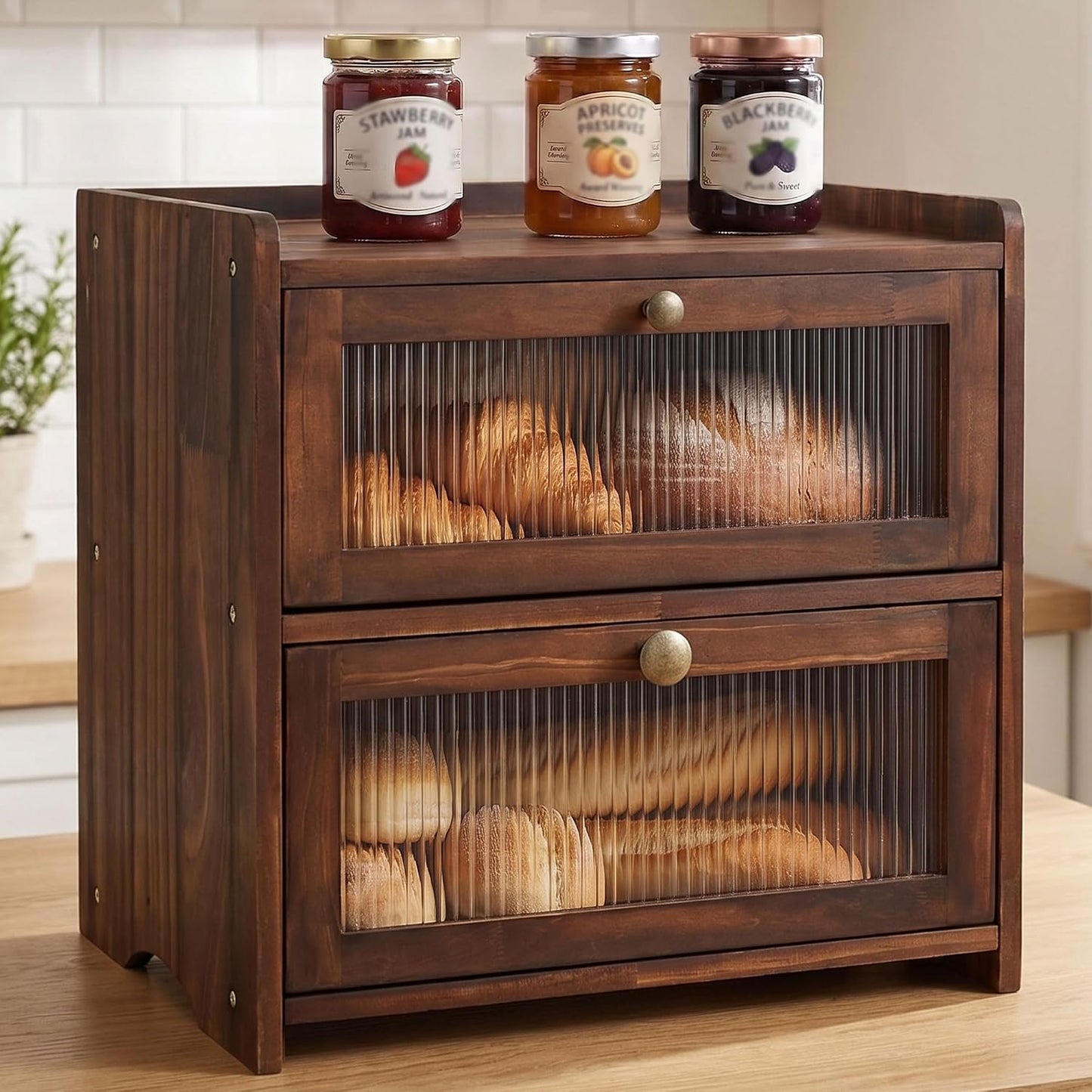 Luollabytel Panera para encimera de cocina, panera de madera de 2 c...