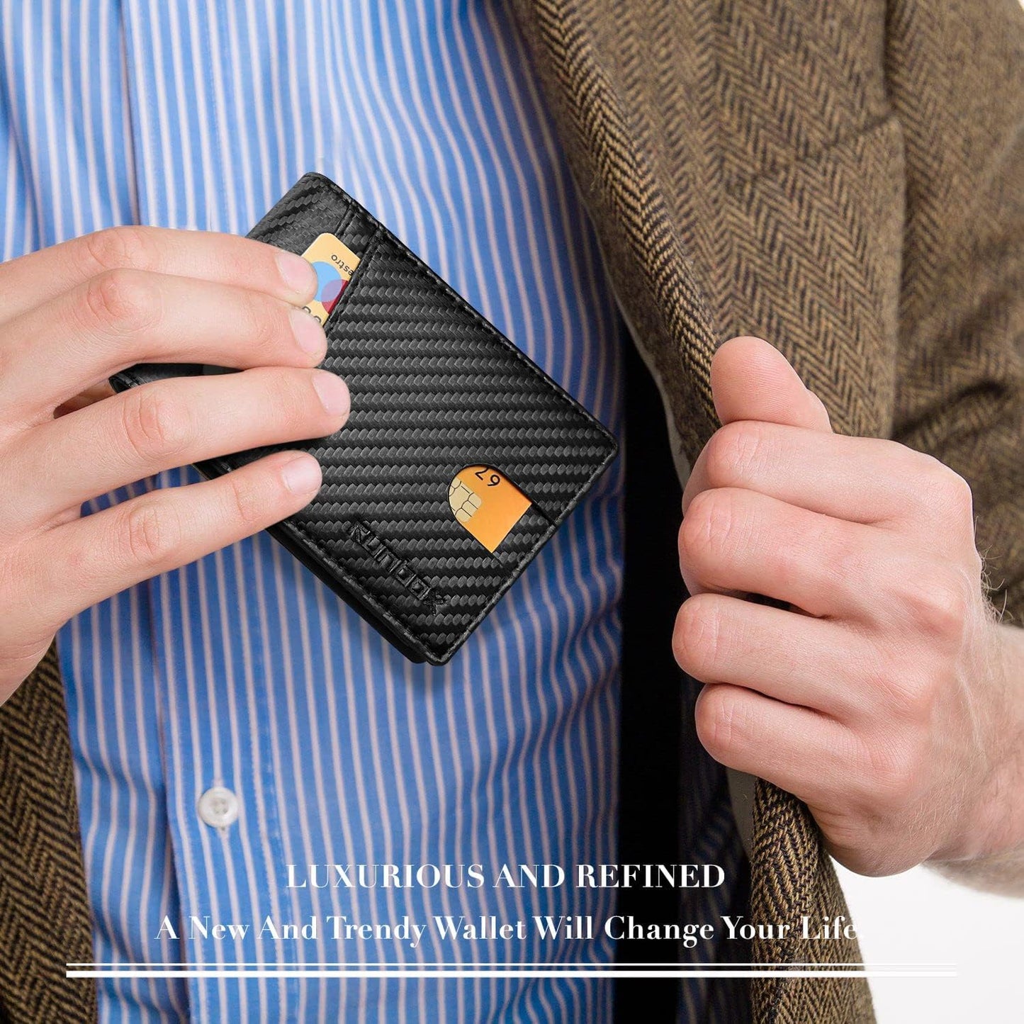 RUNBOX Cartera para hombres, delgada, RFID, de cuero, con 2 ventana...