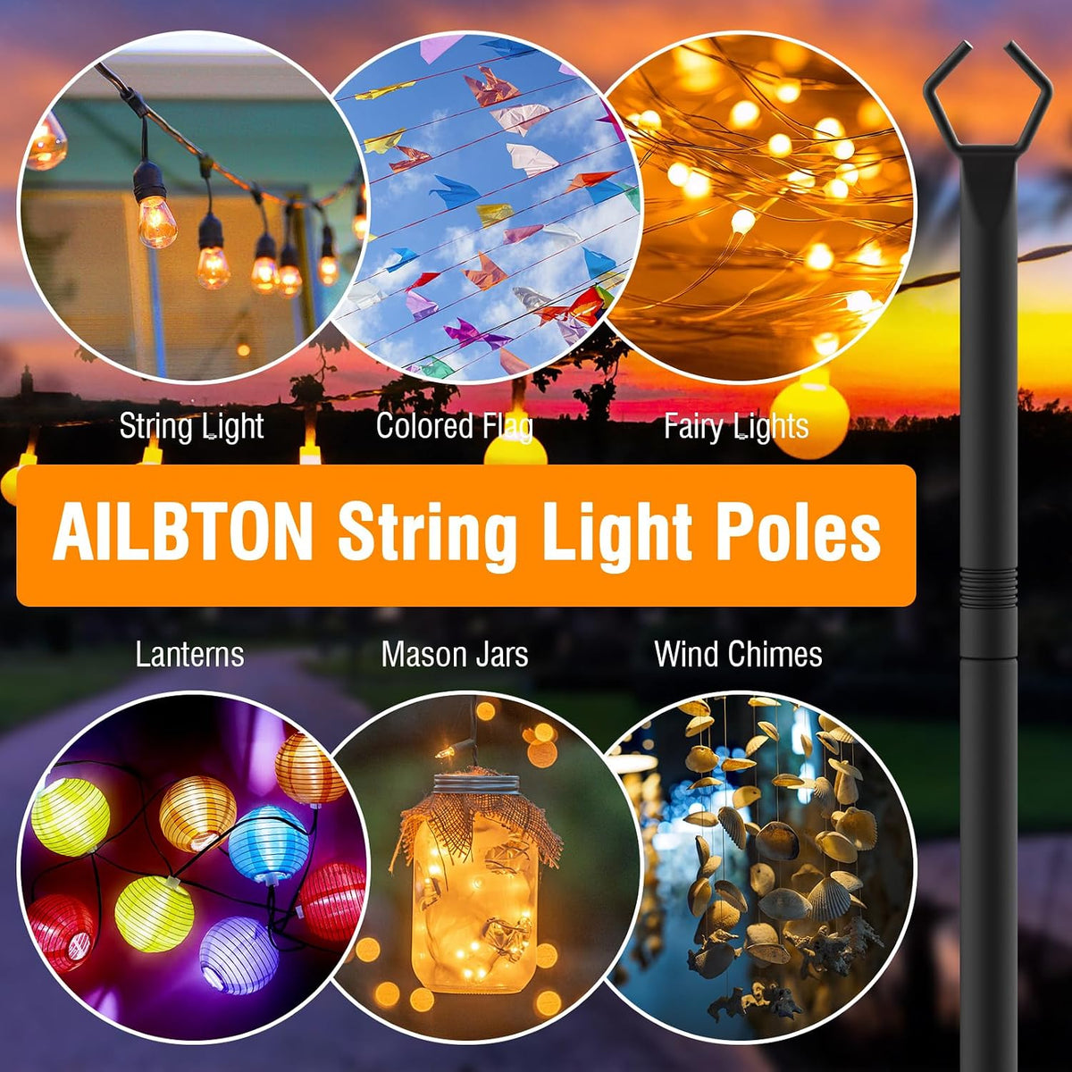 AILBTON Paquete de 2 postes de luz de cadena de 10 pies, postes de...