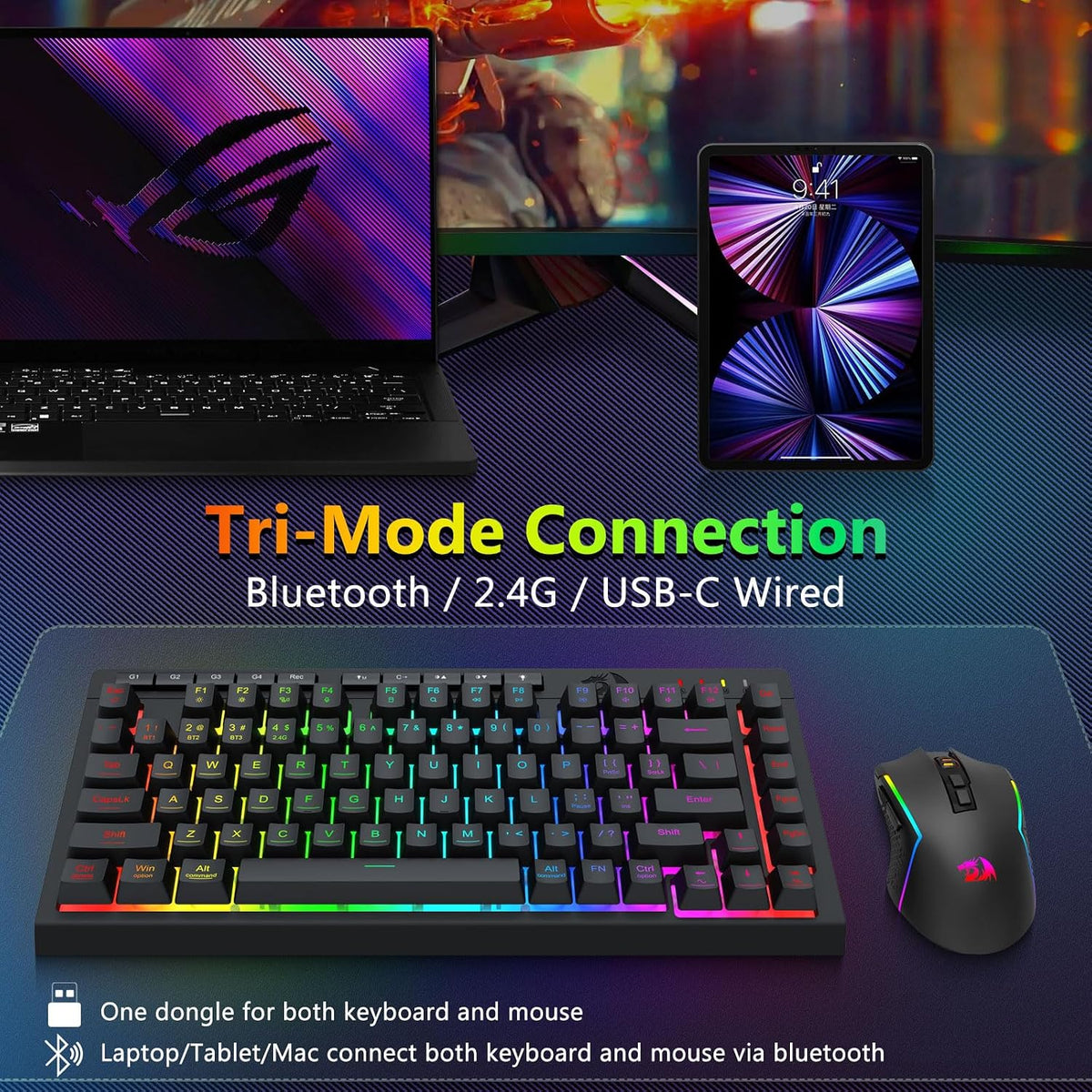 Redragon Combo de teclado y mouse inalámbricos para juegos, Bluetoo...