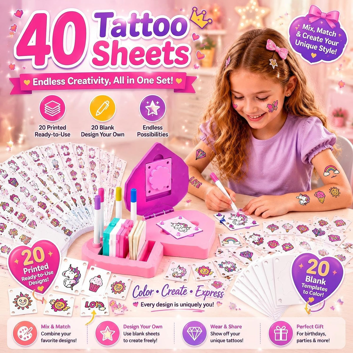Kit de tatuaje temporal para niñas, kit de tatuaje para niños con 4...
