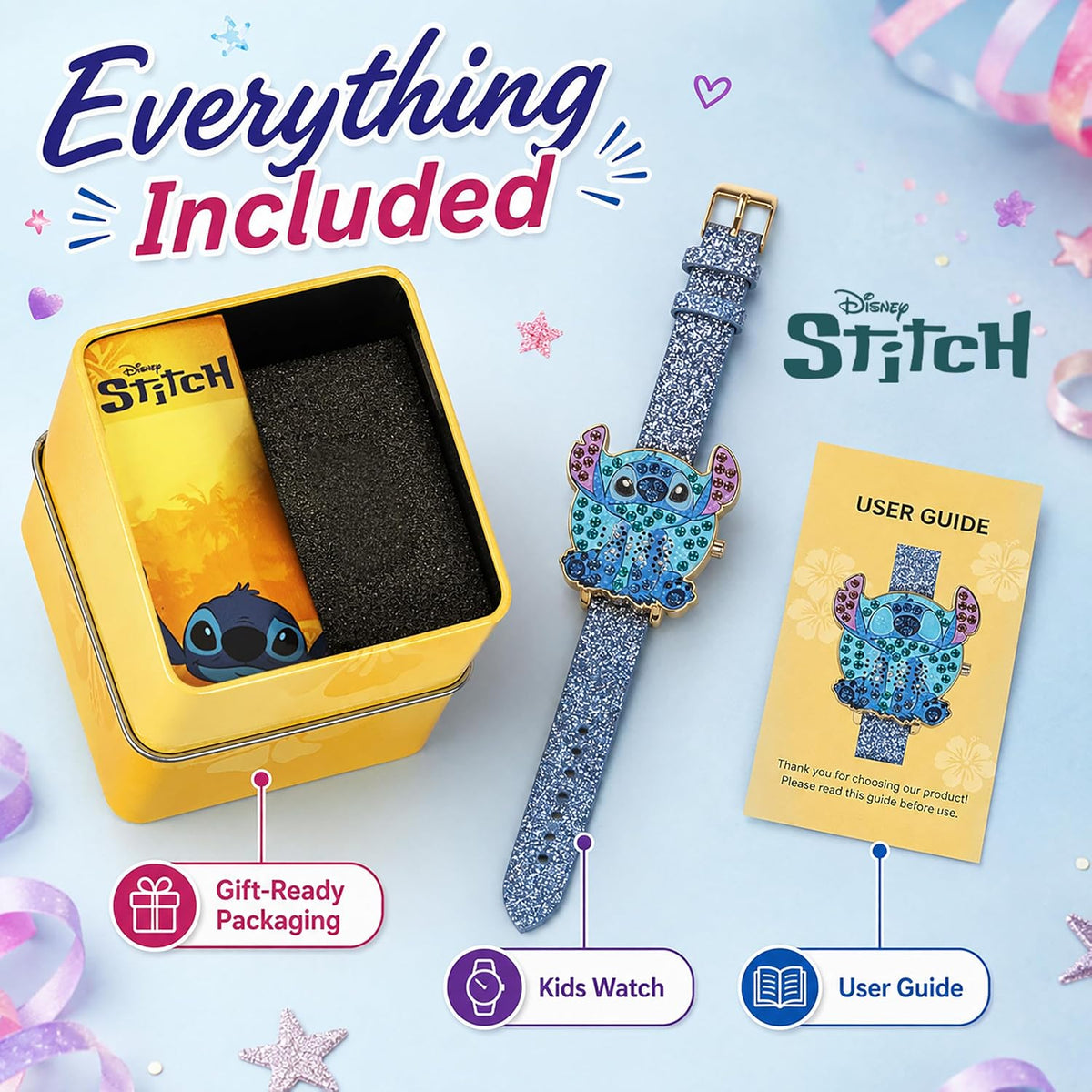 Disney Stitch - Reloj LED para niñas con esfera de cristal y correa...