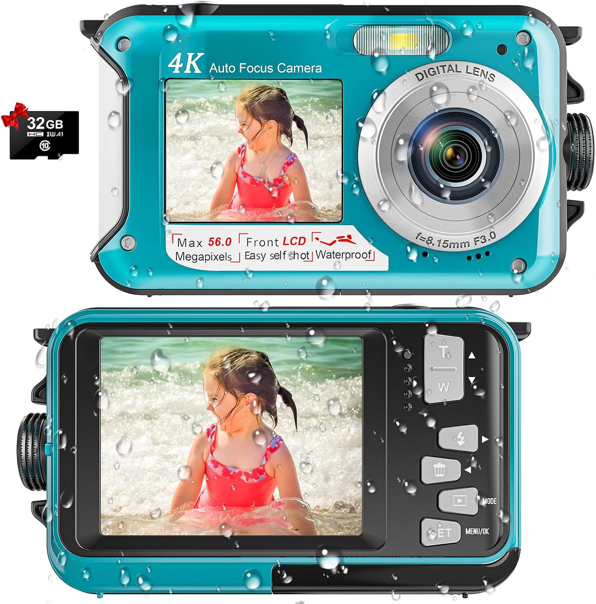Cámara subacuática 4K, cámara impermeable de 16 pies, pantalla dual...