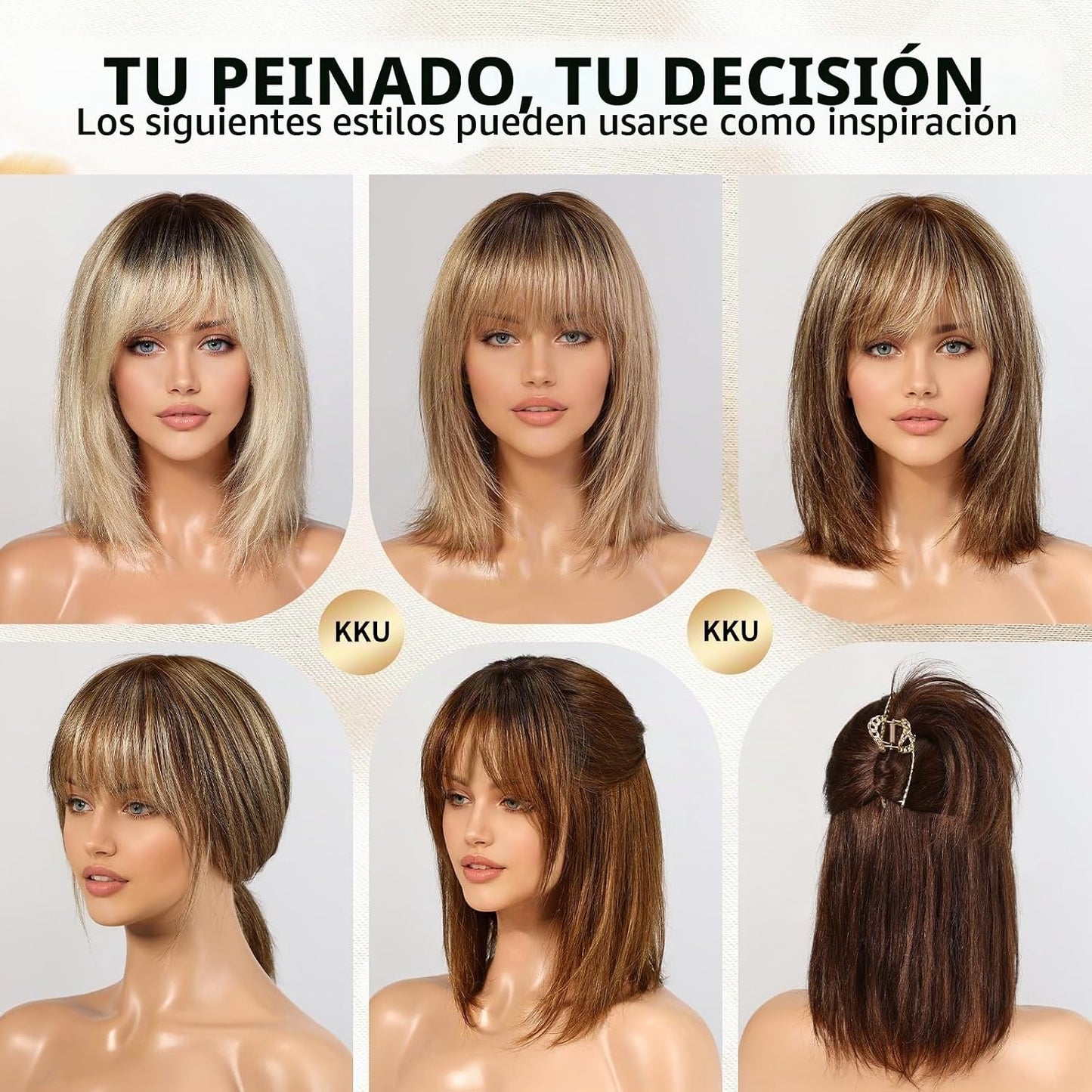 KKU Pelucas de cabello humano marrón degradado de 12 pulgadas para...