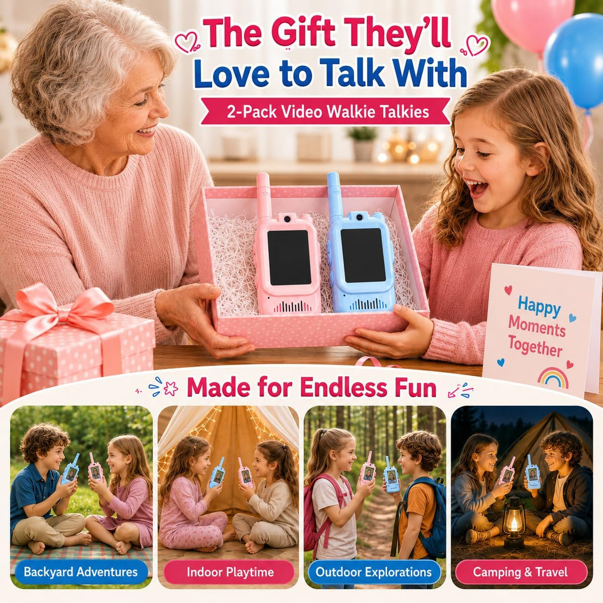 Walkie Talkies de video para niños, paquete de 2 recargables con pa...