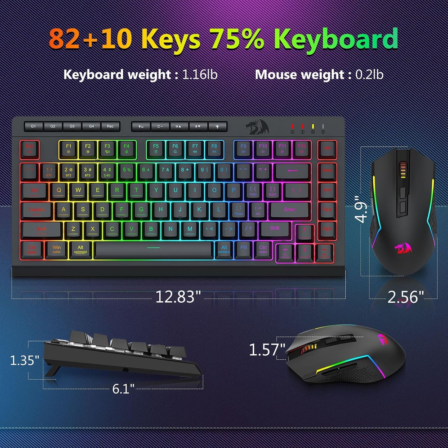 Redragon Combo de teclado y mouse inalámbricos para juegos, Bluetoo...