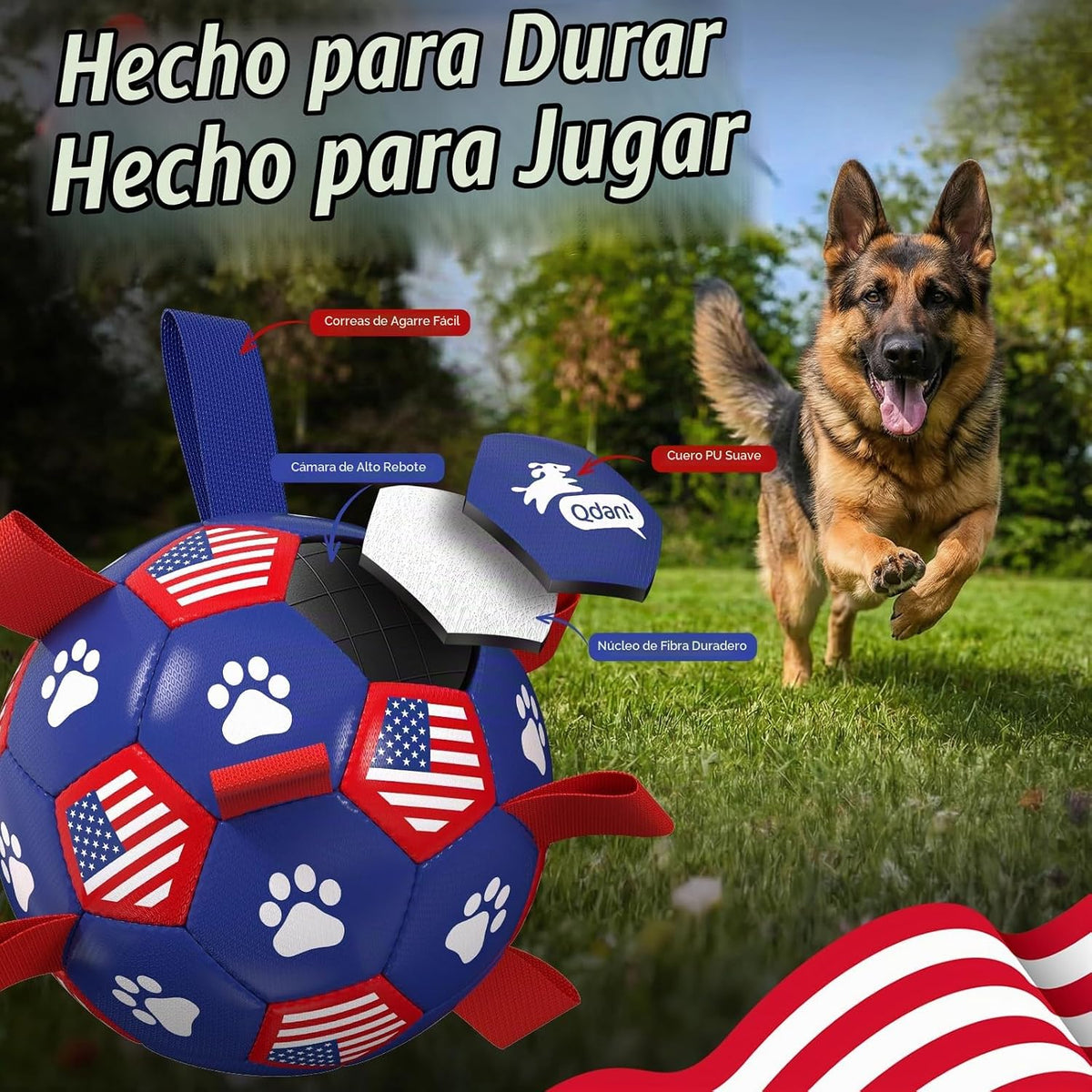 QDAN Juguetes para perros, pelota de fútbol con correas, bolas dura...