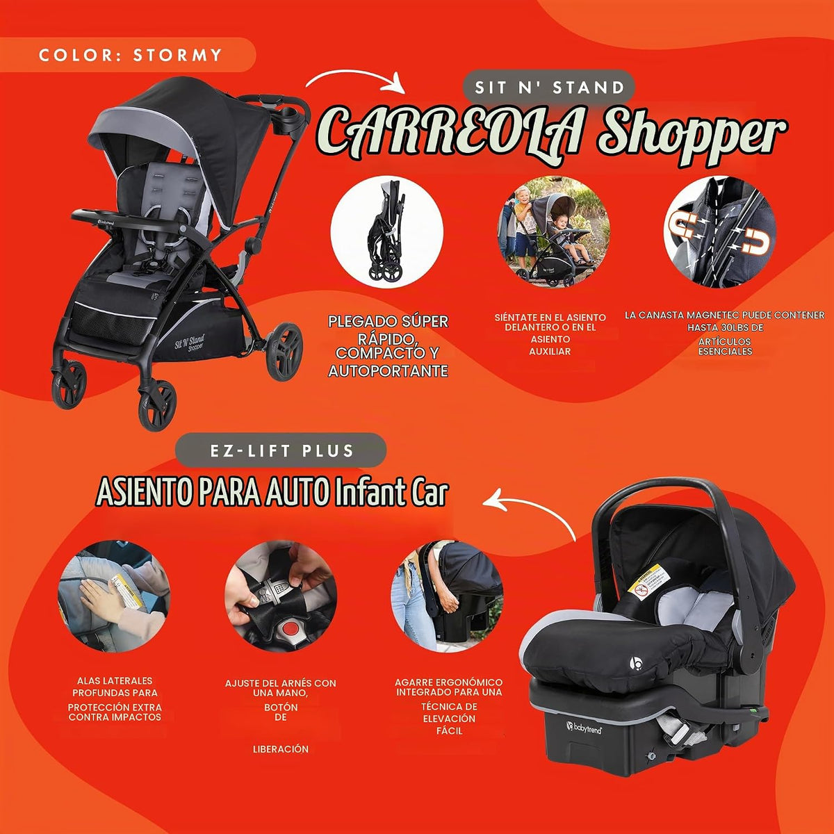 Baby Trend Sit N' Stand - Cochecito 5 en 1 y asiento EZ-Lift Pl...