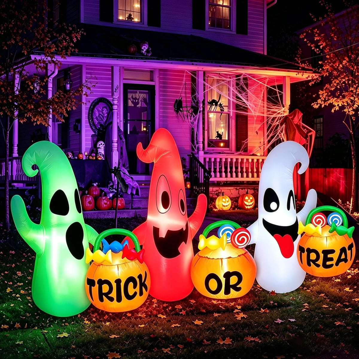 3 fantasmas inflables de Halloween de 8 pies de largo con decoració...