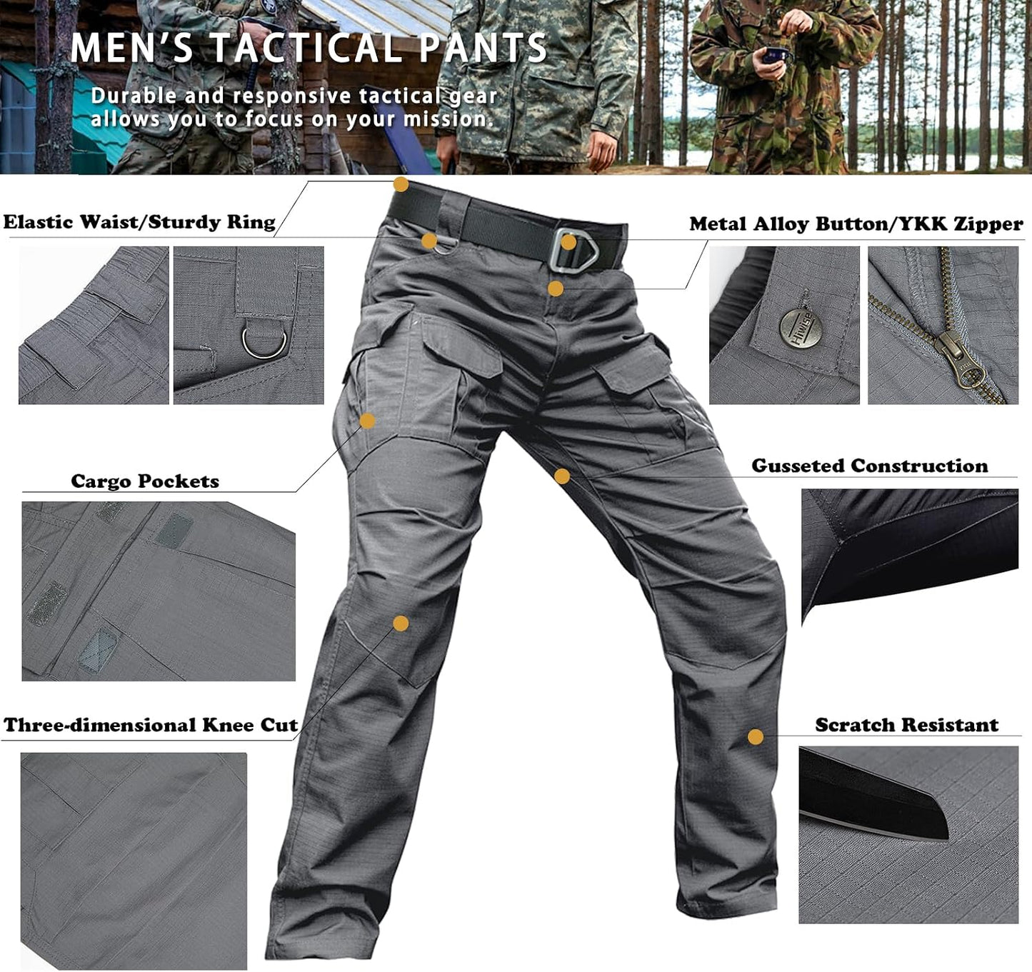 Hiwise Pantalones tácticos elásticos para hombre, resistentes al ag...