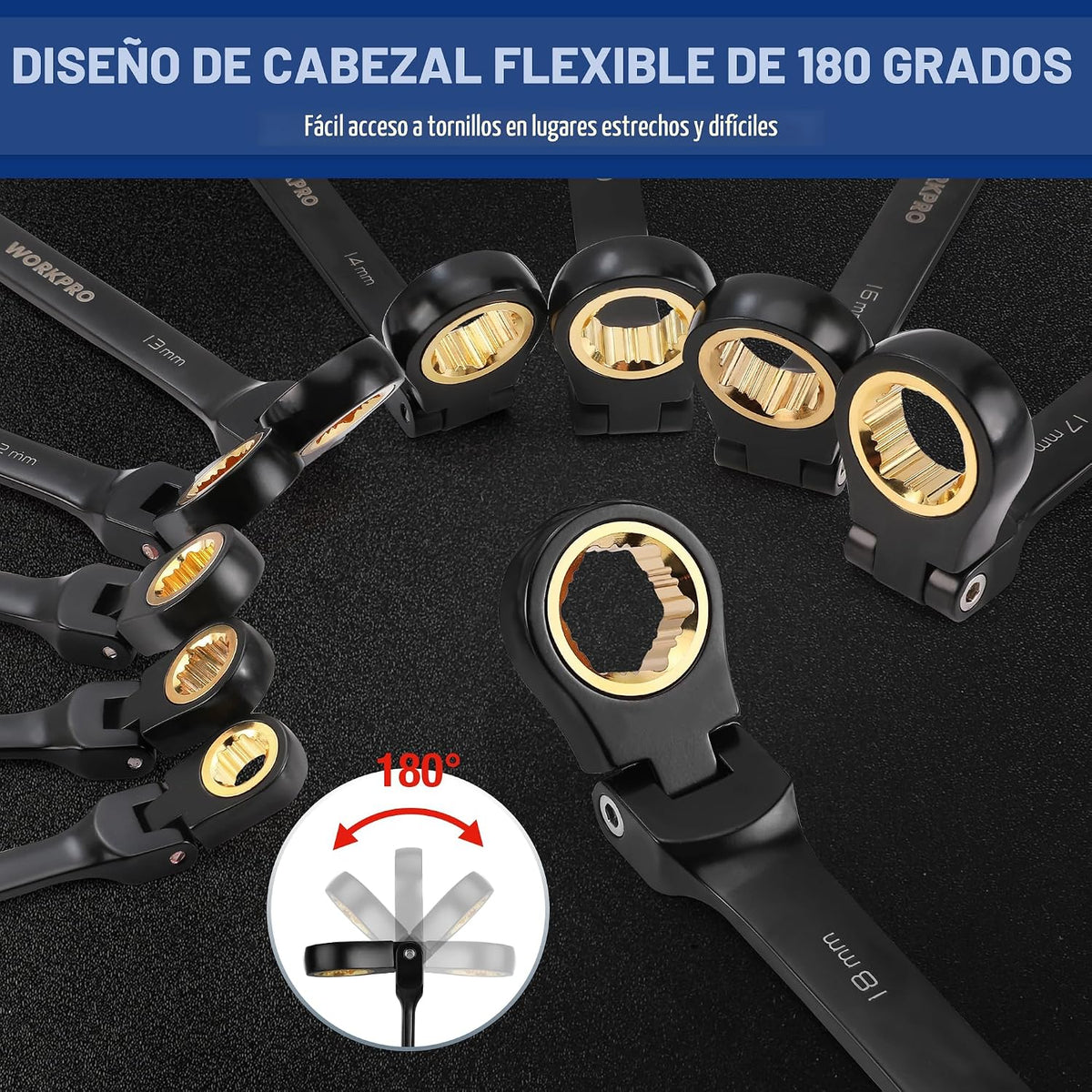 WORKPRO Juego de llaves de trinquete de 22 piezas con cabezal flexi...