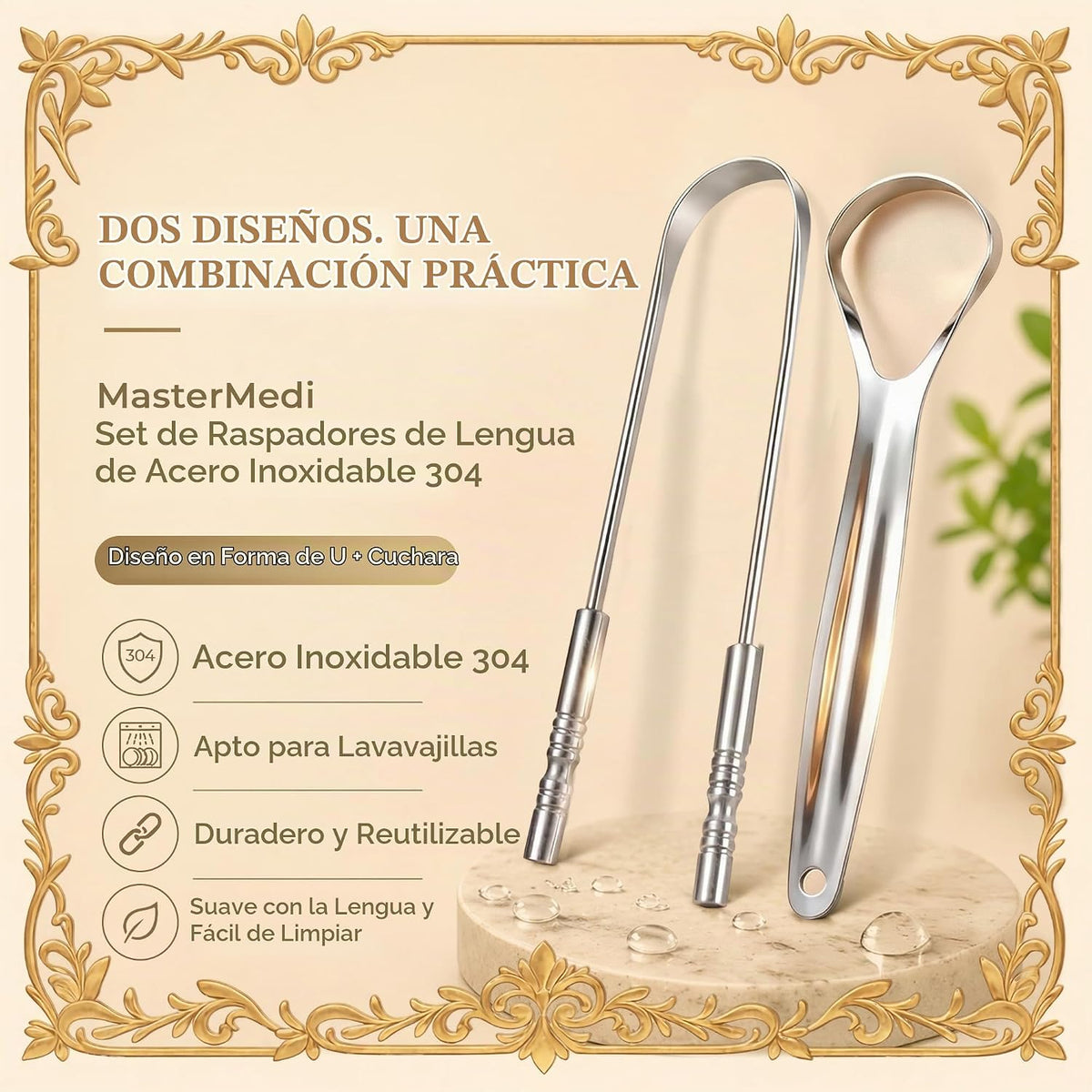 MasterMedi - Raspador de lengua para adultos de 100% acero inoxidab...