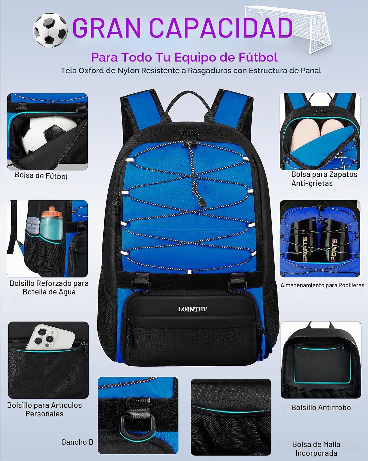 LOINTET Bolsa de fútbol juvenil, mochila de fútbol con compartiment...