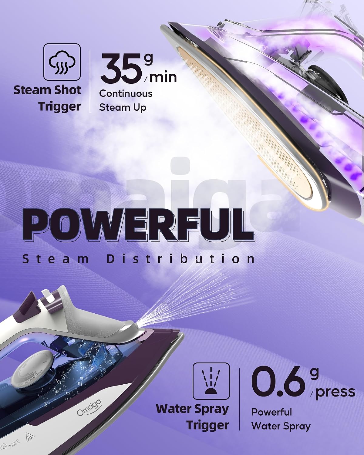 OMAIGA Plancha de vapor para ropa, plancha de 1750 W con suela de c...