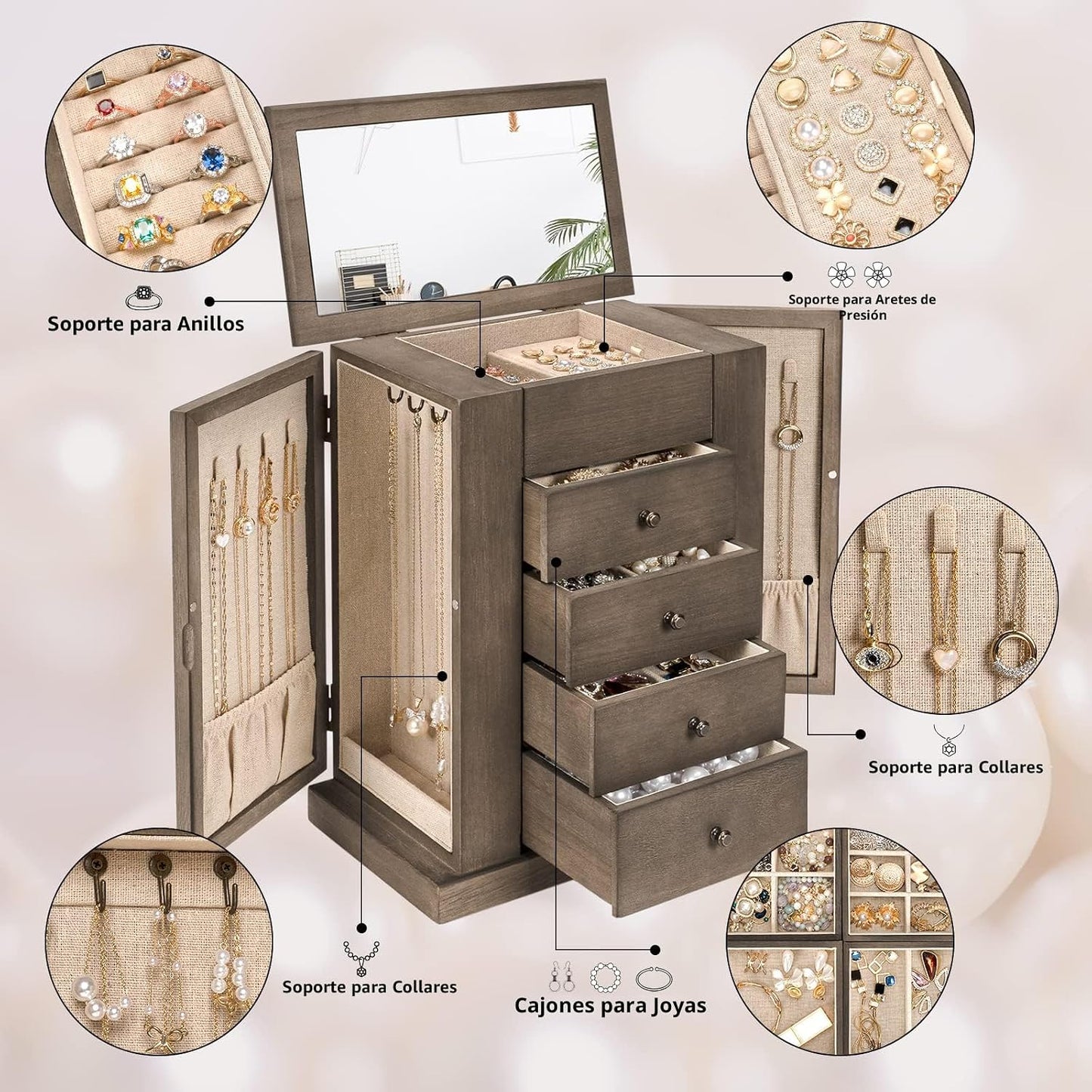 Emfogo - Joyero para mujer, cajas de joyería de madera grandes de 5...