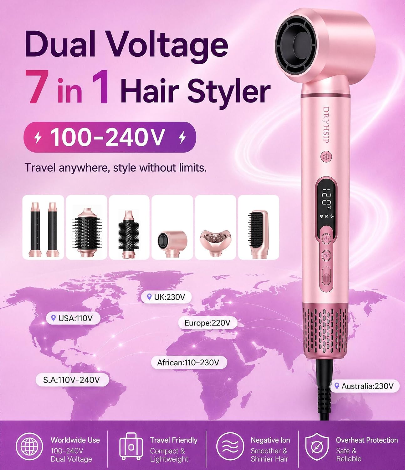 Purtitwe Cepillo secador de pelo de doble voltaje para viajes, herr...