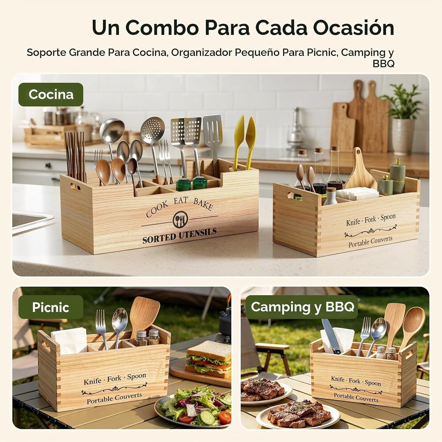 FOXHIVE Soporte extra grande para utensilios, 2 en 1, de madera de...