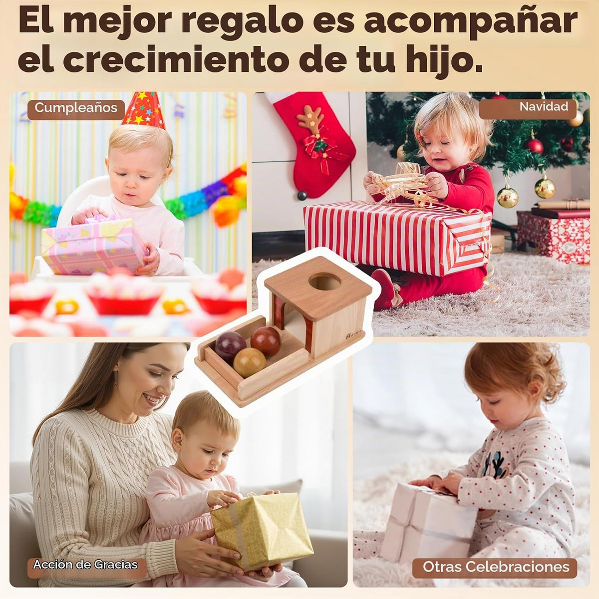 Adena Montessori Caja de permanencia de objetos, 3 bolas de madera,...